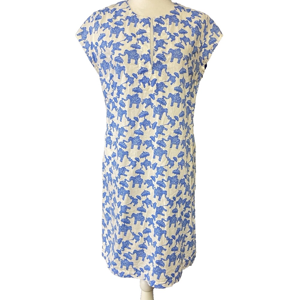 Three Islands Dress Womens M Blue White Elephant Print Shift Cotton Short Sleeve